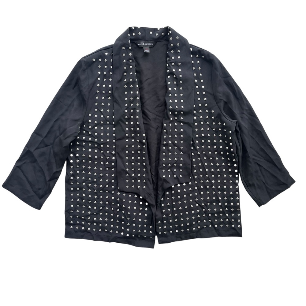 Rock & Republic Women 6 Black Shawl Collar Silver Studded 3/4 Sleeve Open Blazer